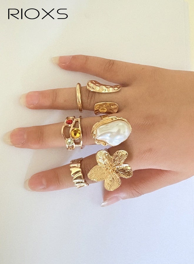 RIOXS Women's Gold Ring Set of Five, Baroque-inspired Open-Back Adjustable Bands, Set with Cultured Pearls and Crystal Gemstones, Crafted Exclusively for Ladies, Floral Openwork Bohemian Ring Set with Natural Textured Bands, Perfect for Evening Parties and Artistic Layered Looks - Image 4